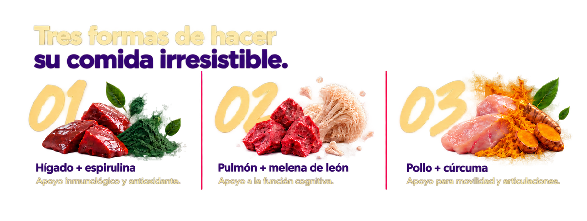 Beneficios de Flavor Boost: hígado con espirulina, pulmón con melena de león y pollo con cúrcuma