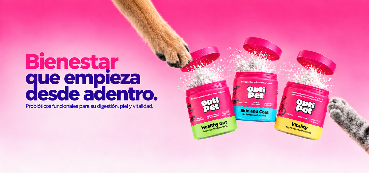 Probióticos OptiPet con pata de perro descendiendo desde arriba